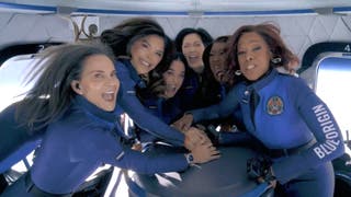 A group shot shows six members of the NS-31 crew inside the new Shepard Blue Origin capsule. Women were only in space for a few minutes